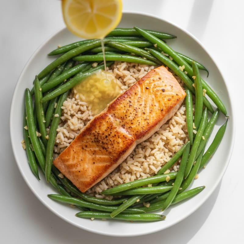 Seared Salmon with Garlic Green Beans and Brown Rice
