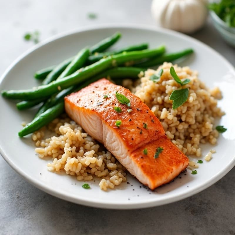 Seared Salmon with Garlic Green Beans and Brown Rice