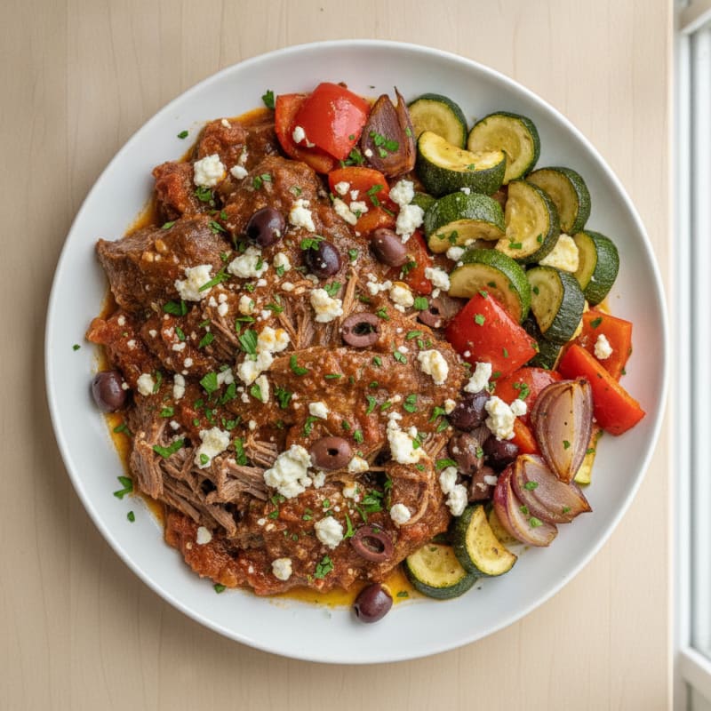 Slow Cooker Mediterranean Beef with Roasted Vegetables