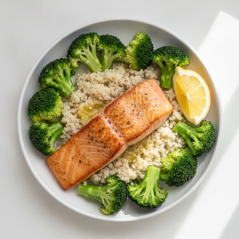 Seared Salmon with Steamed Broccoli and Quinoa