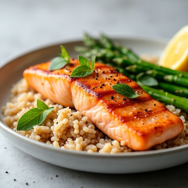 Seared Salmon Fillet with Steamed Asparagus and Brown Rice