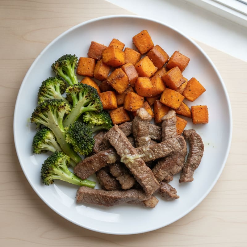 Seared Lean Beef Strips with Roasted Broccoli and Sweet Potato