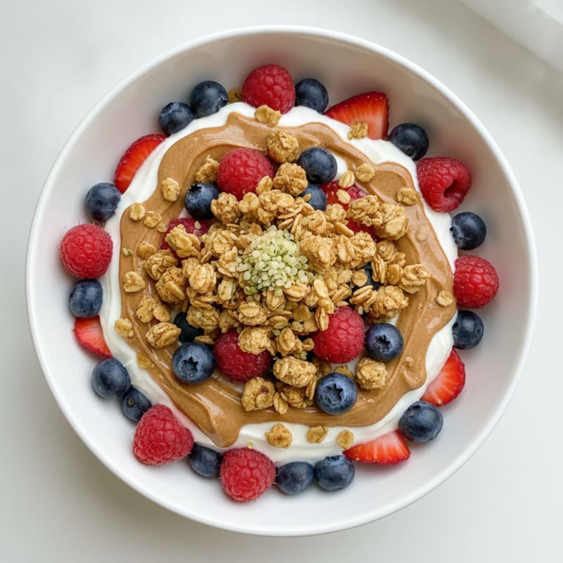 Greek Yogurt Protein Parfait with Almond Butter and Mixed Berries