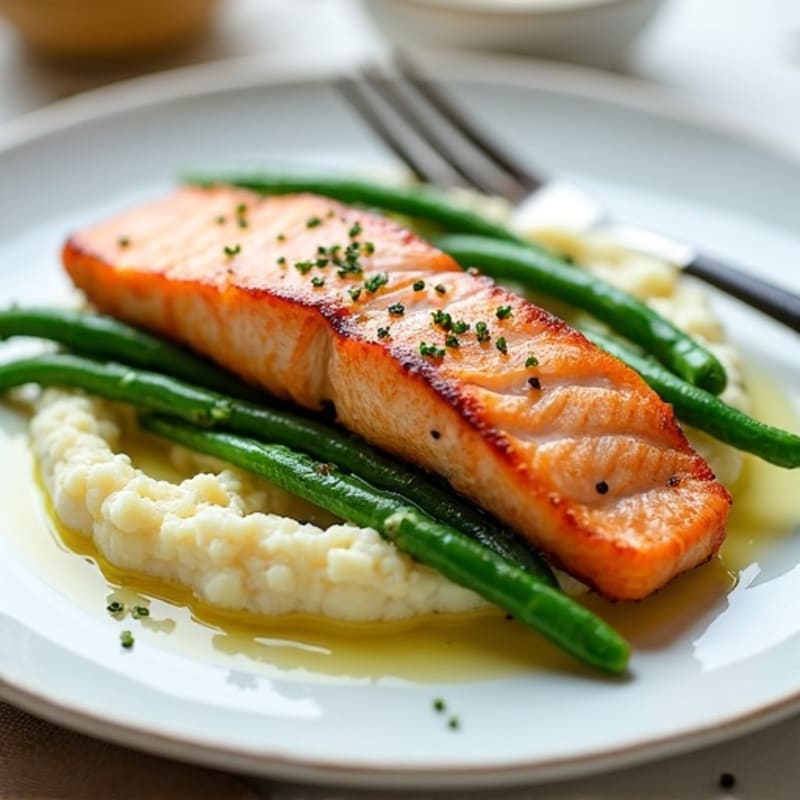 Seared Salmon Fillet with Steamed Green Beans and Cauliflower Mash