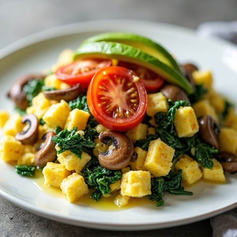 Cottage Cheese Egg Scramble with Spinach and Sautéed Mushrooms
