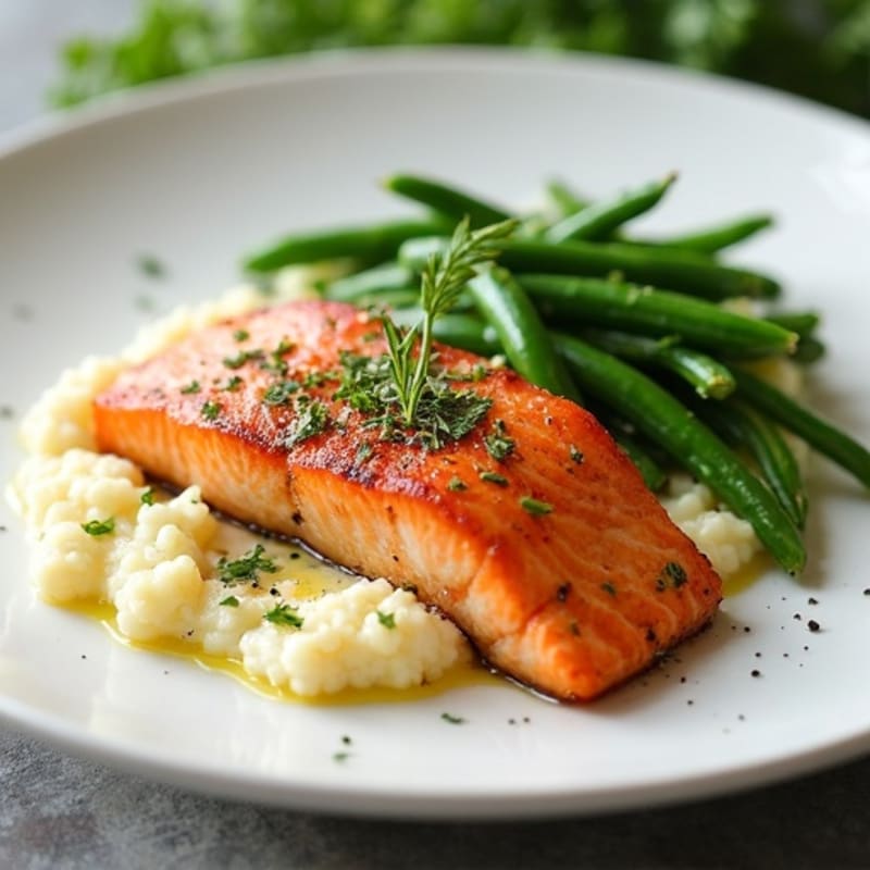 Seared Salmon with Garlic Green Beans and Cauliflower Mash