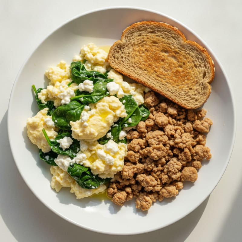 Creamy Cottage Cheese Scramble with Spinach and Sautéed Turkey