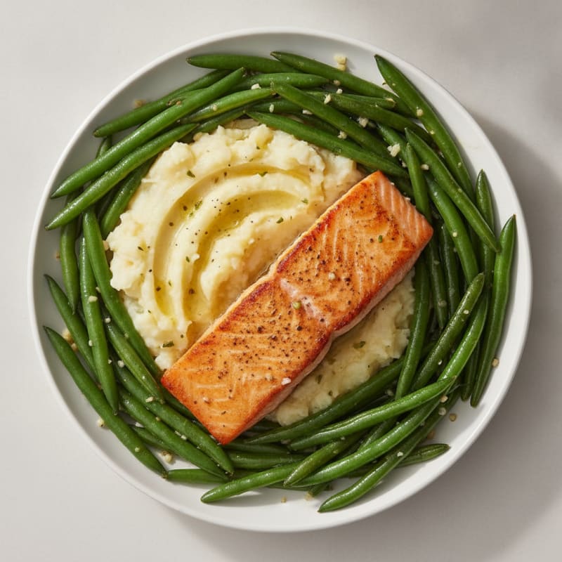 Pan-Seared Salmon with Garlic Green Beans and Mashed Potatoes