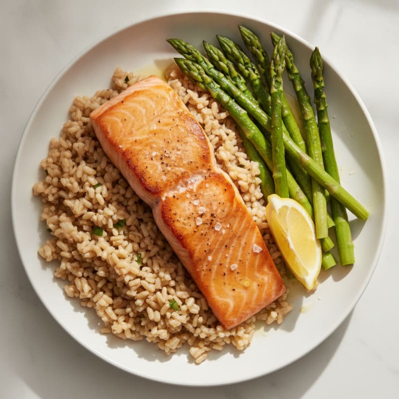 Seared Salmon with Steamed Asparagus and Brown Rice