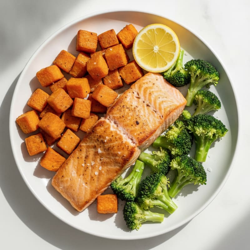 Seared Salmon Fillet with Roasted Sweet Potato and Steamed Broccoli