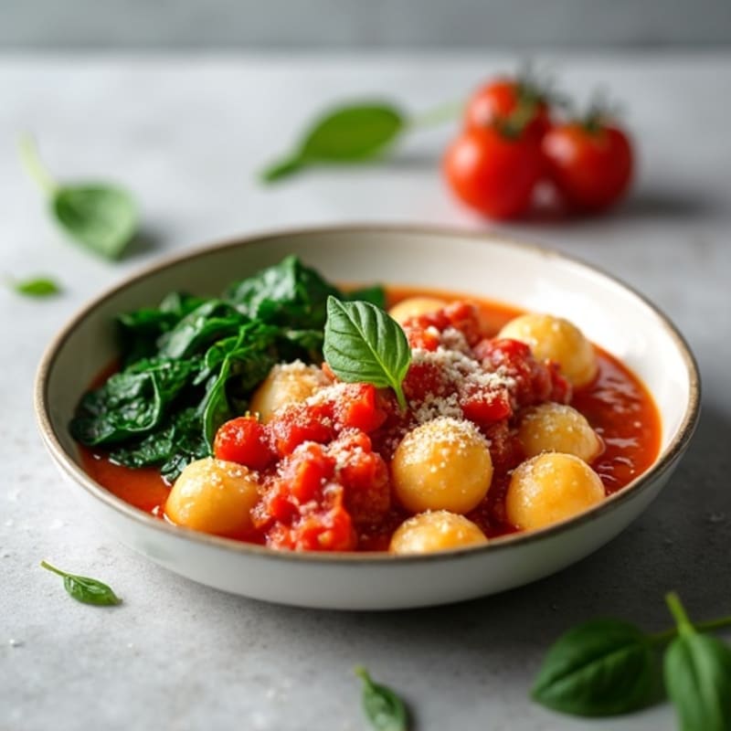 Silky Ricotta Gnocchi with Fresh Herb Marinara and Sautéed Spinach