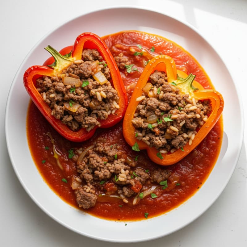 Ground Beef Stuffed Bell Peppers with Tomato Sauce