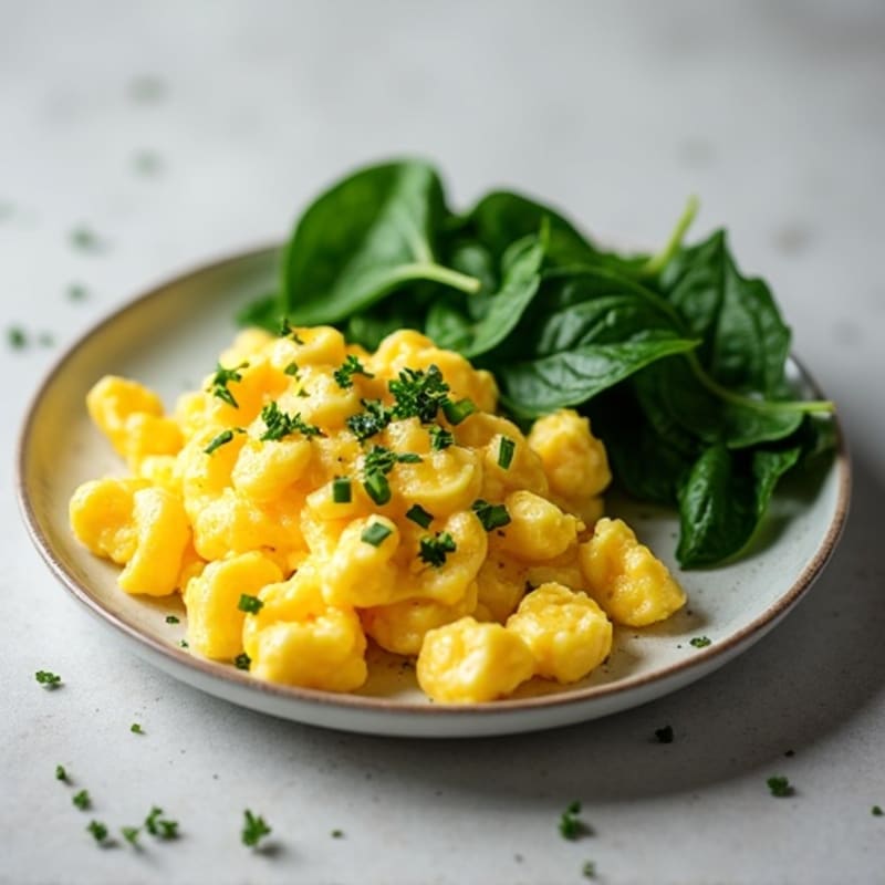 Fluffy Scrambled Eggs with Fresh Herbs and Sautéed Greens