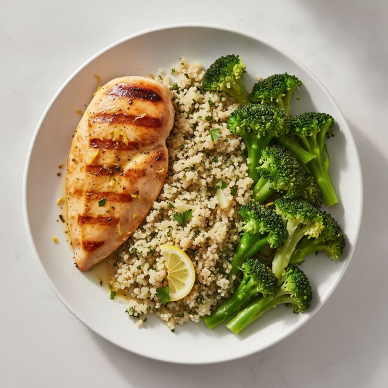 Grilled Chicken Breast with Steamed Broccoli and Quinoa