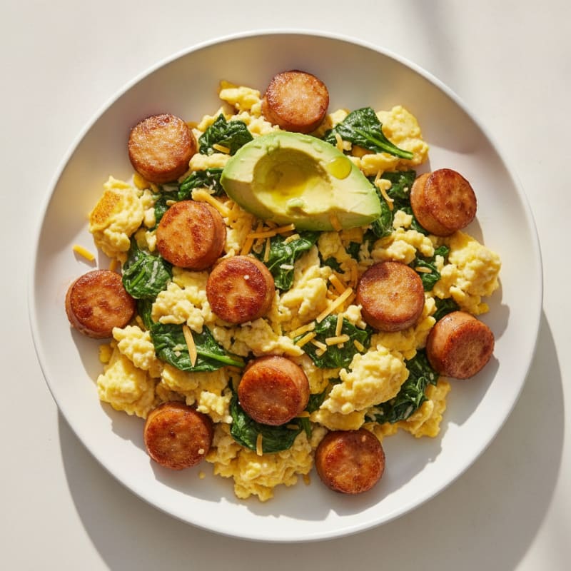 Crispy Chicken Sausage Scramble with Cheddar and Spinach