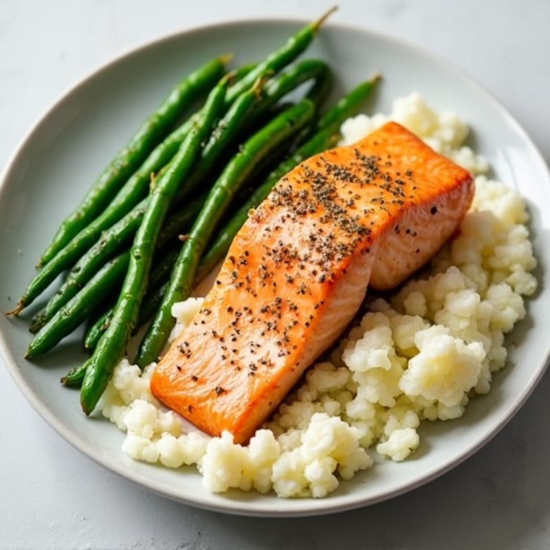 Seared Salmon with Steamed Green Beans and Garlic Mashed Cauliflower