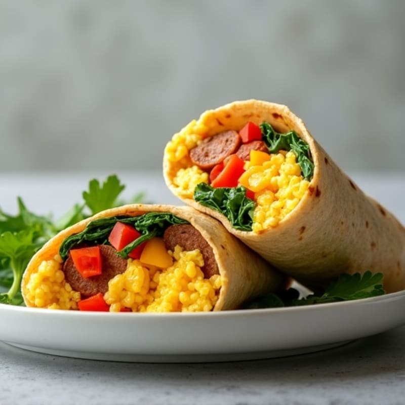 High-Protein Scrambled Egg, Turkey Sausage, and Veggie Breakfast Burrito