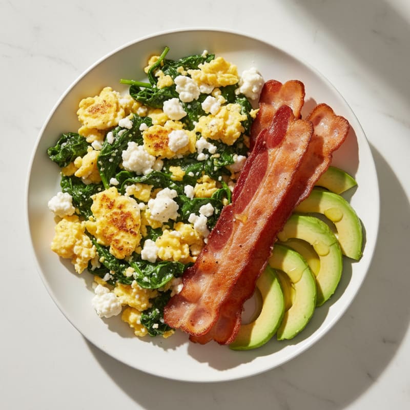 Cottage Cheese Egg Scramble with Spinach and Turkey Bacon