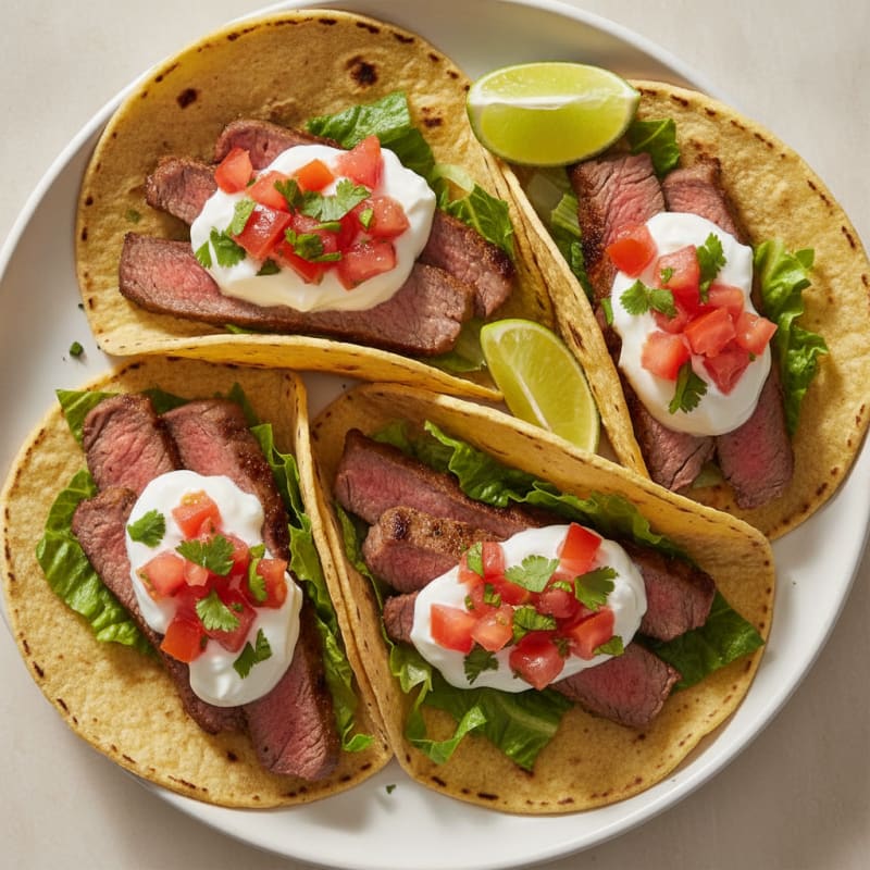 Seared Steak Tacos with Fresh Salsa and Shredded Lettuce