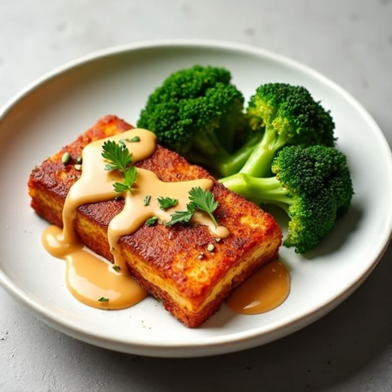 Crispy Baked Tofu with Roasted Broccoli and Creamy Peanut Sauce