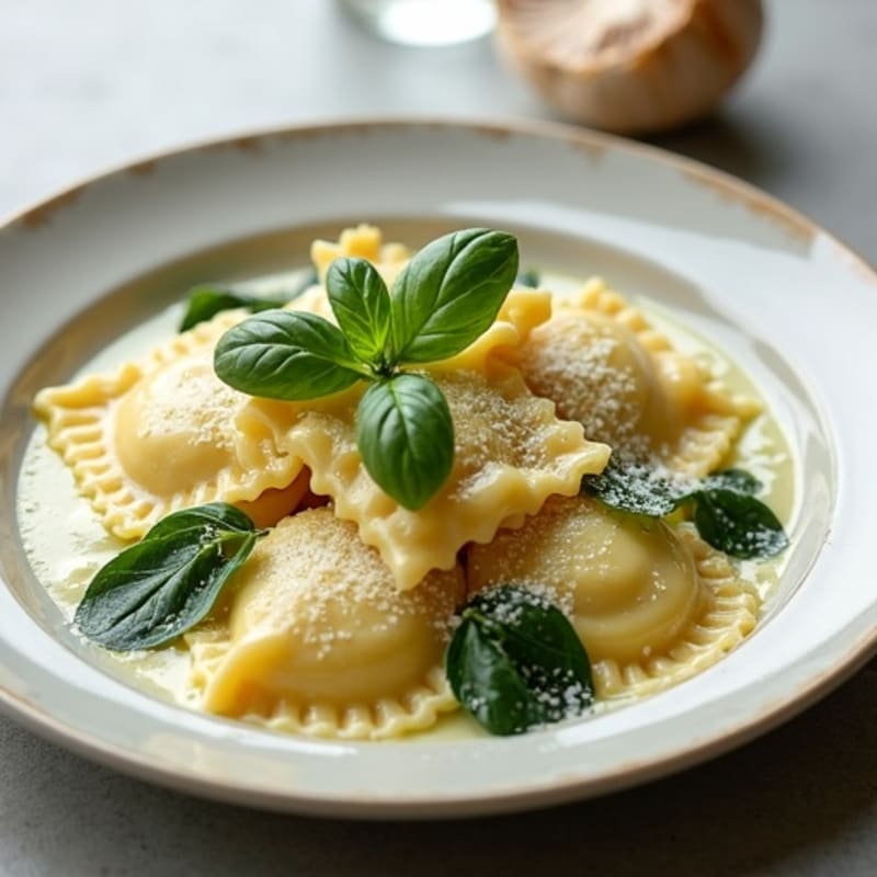 Herb-Ricotta Spinach Ravioli with Roasted Garlic Sauce