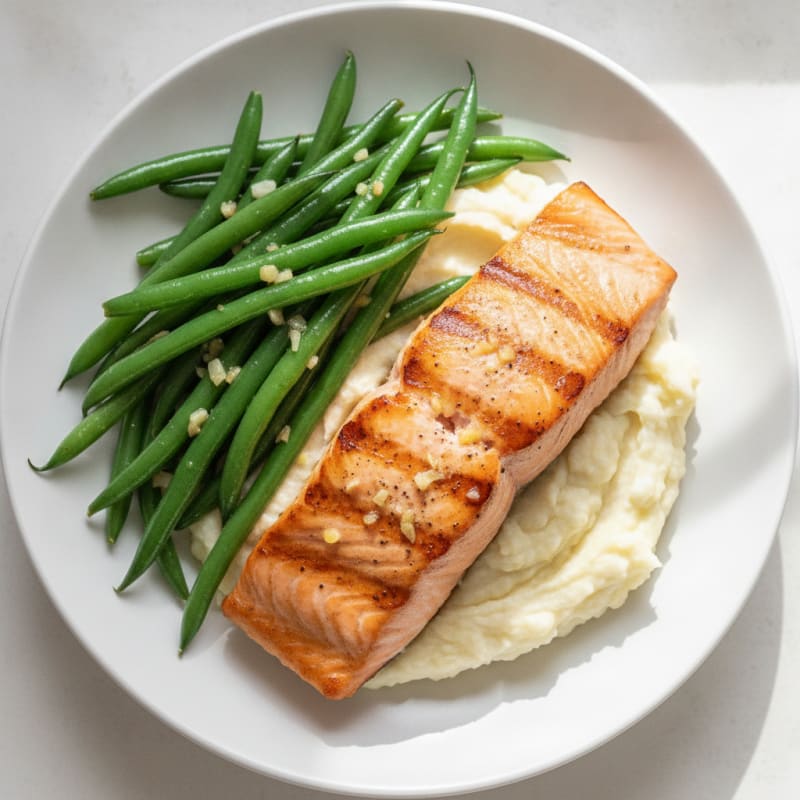 Seared Salmon with Garlic Green Beans and Cauliflower Mash