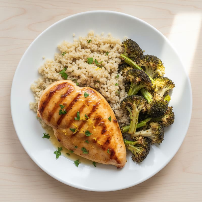 Grilled Lemon Garlic Chicken Breast with Quinoa and Roasted Broccoli
