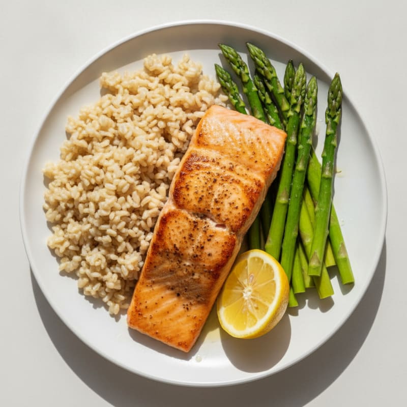 Seared Salmon with Steamed Asparagus and Brown Rice