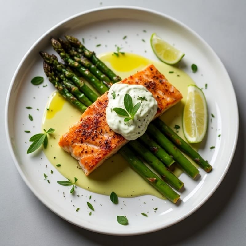 Blackened Salmon with Creamy Avocado Sauce and Roasted Asparagus