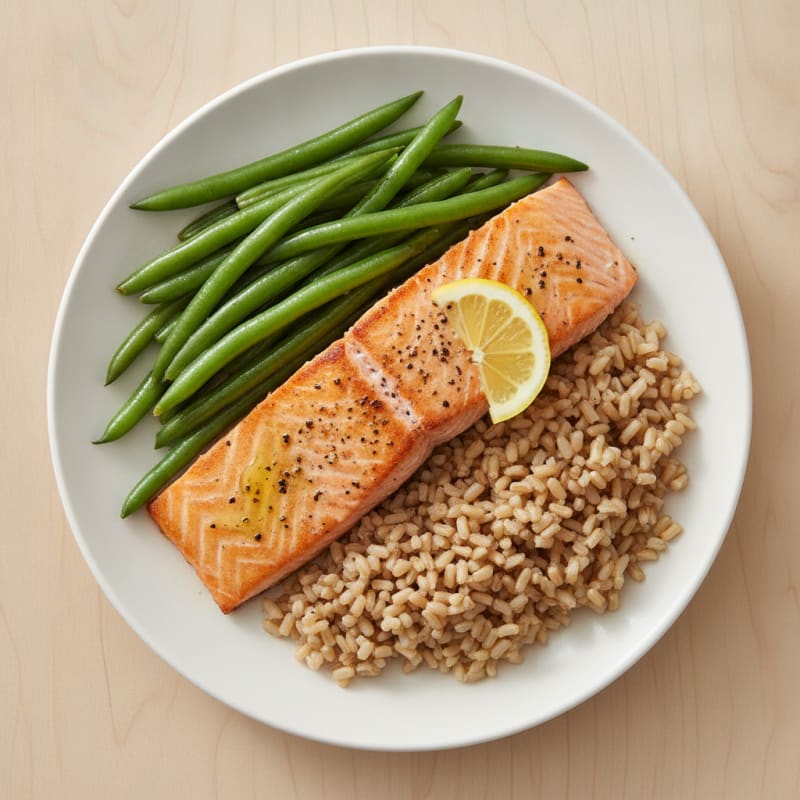 Seared Salmon with Steamed Green Beans and Brown Rice