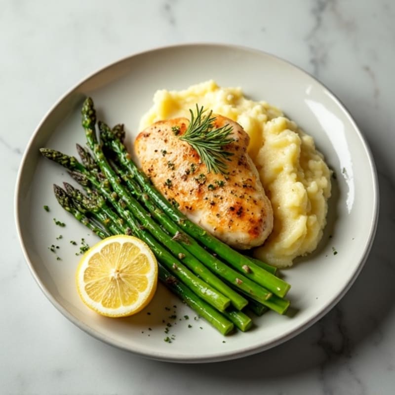 Lemon-Herb Pan-Seared Chicken with Creamy Garlic Mashed Potatoes and Roasted Asparagus