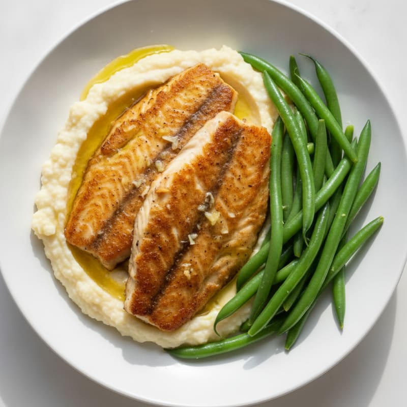 Seared Tilapia with Steamed Green Beans and Cauliflower Mash