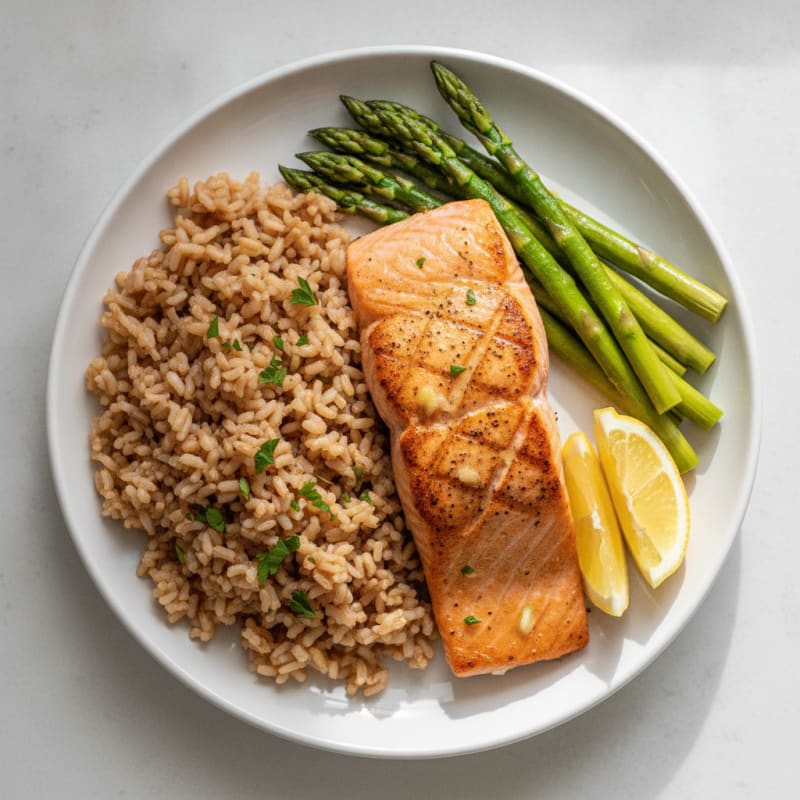 Seared Salmon with Steamed Asparagus and Brown Rice