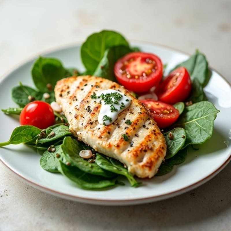Grilled Chicken Breast with Fresh Spinach and Tomato Salad with Yogurt Dressing