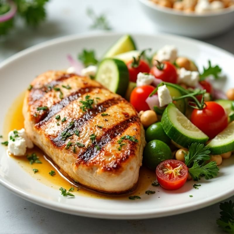 Grilled Lemon Herb Chicken with Crisp Chickpea Feta Salad