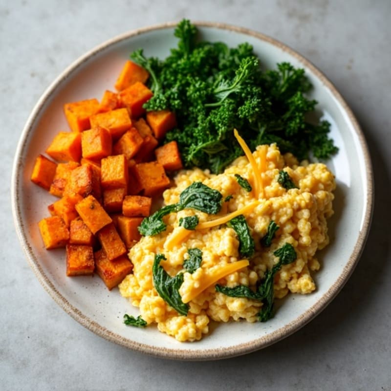 Savory Egg and Kale Scramble with Crispy Sweet Potato Hash