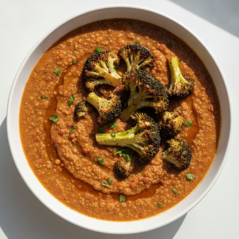 Silky Lentil and Quinoa Stew with Roasted Broccoli