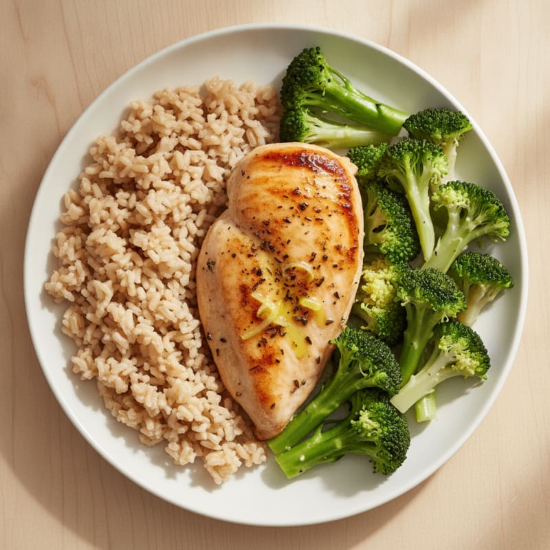 Herb-Roasted Chicken Breast with Brown Rice and Steamed Broccoli