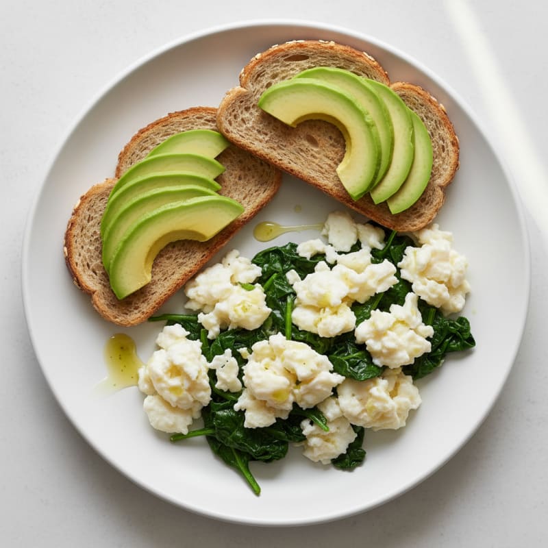 Egg White Scramble with Toast and Sautéed Spinach