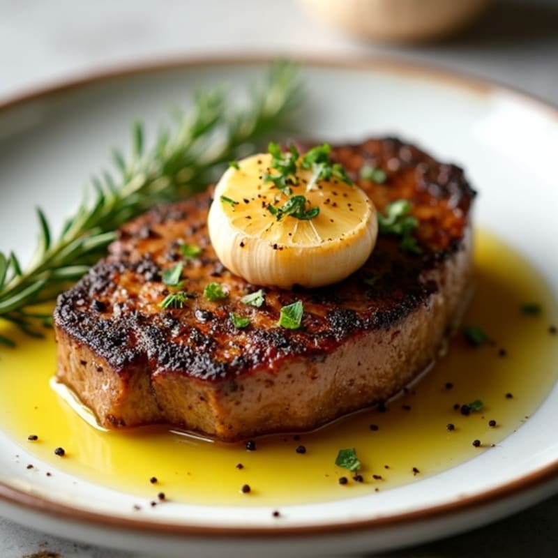 Herb-Crusted Pan Seared Steak with Roasted Garlic