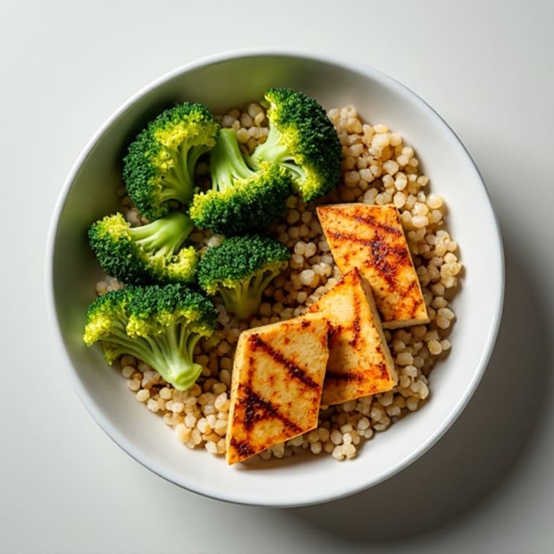 Grilled Tofu and Quinoa Bowl with Roasted Broccoli