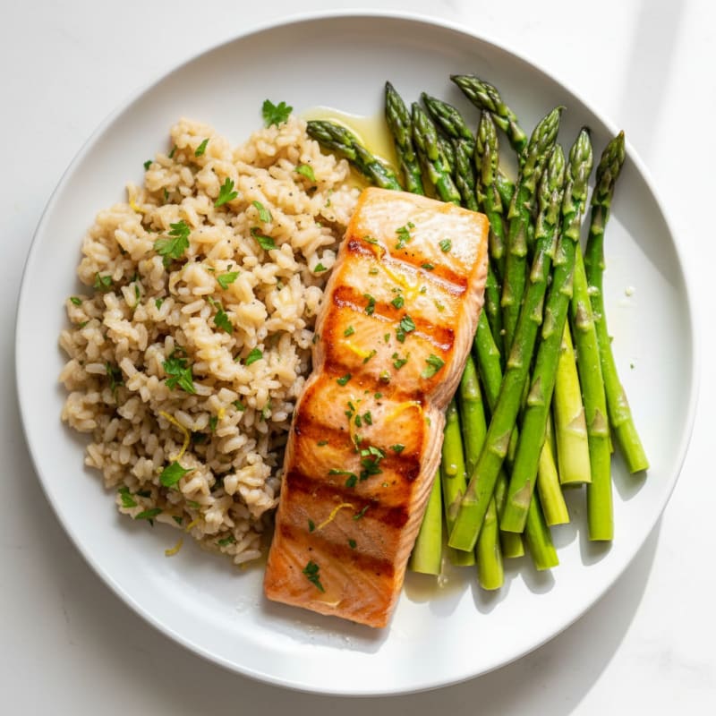 Seared Salmon with Steamed Asparagus and Lemon-Herb Rice