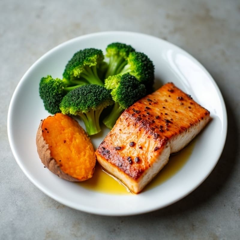 Seared Salmon with Steamed Broccoli and Roasted Sweet Potato