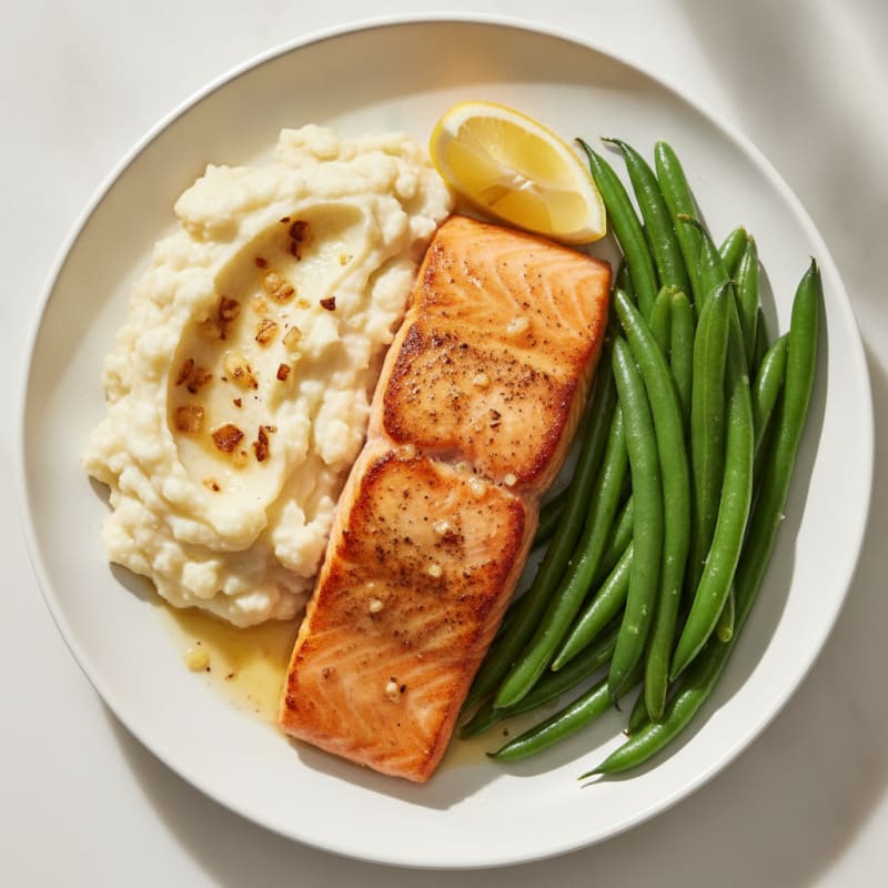 Seared Salmon with Steamed Green Beans and Garlic Mashed Cauliflower