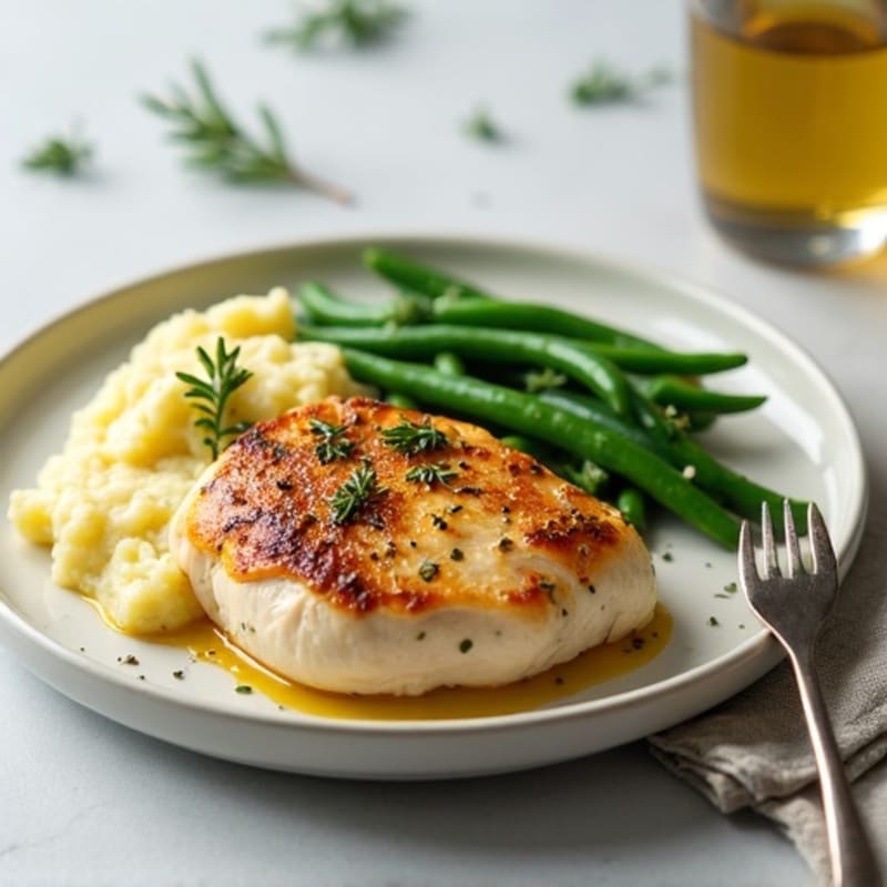 Herb-Roasted Chicken with Garlic Mashed Potatoes and Crispy Green Beans
