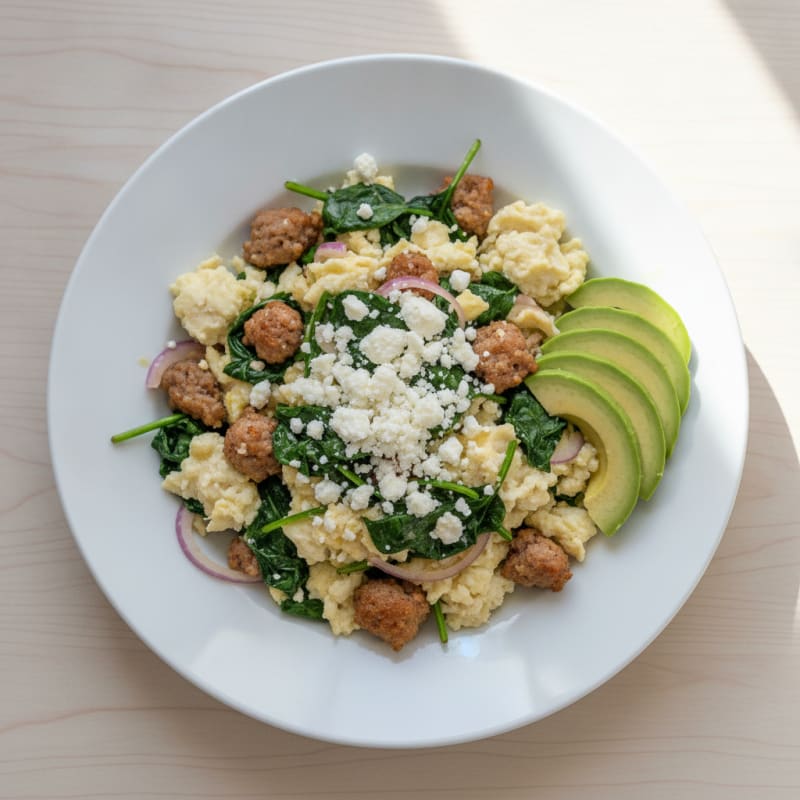 Egg White Scramble with Turkey Sausage and Sautéed Spinach