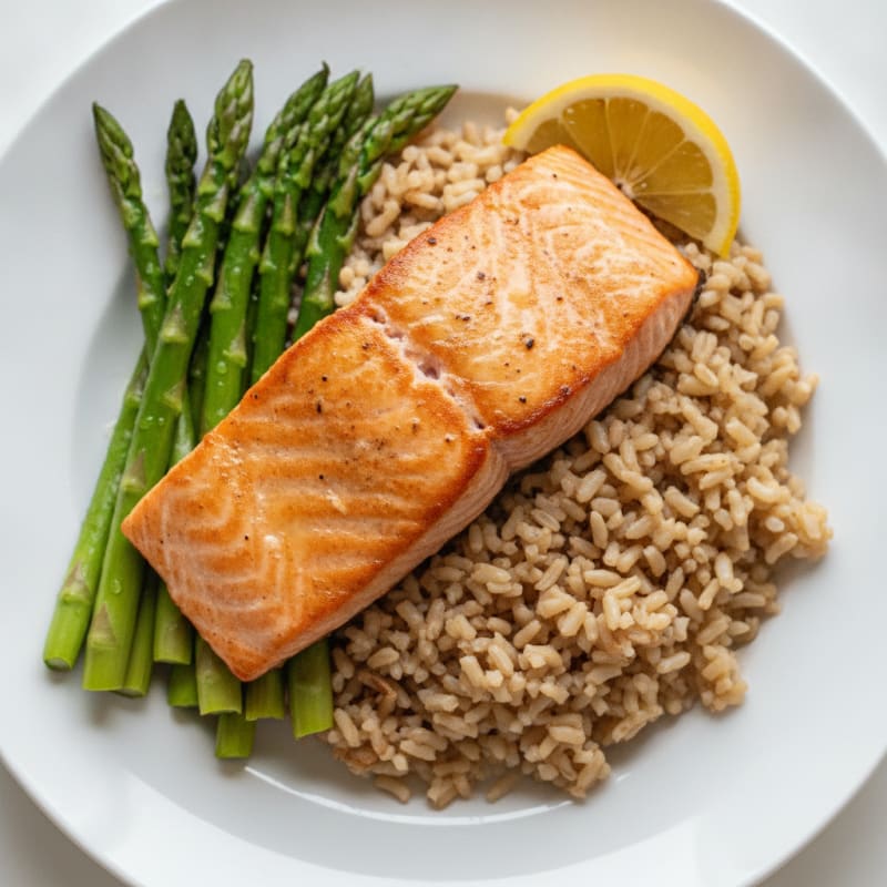 Seared Salmon with Steamed Asparagus and Brown Rice