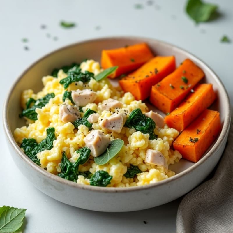 Egg White and Turkey Spinach Scramble with Roasted Sweet Potatoes