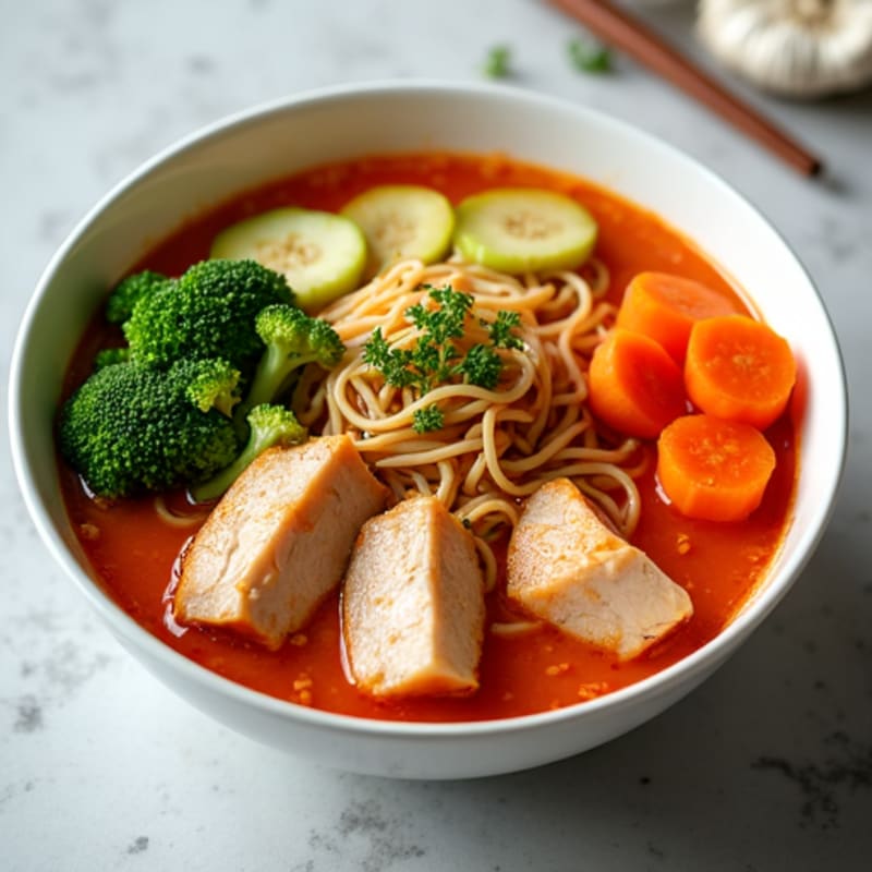 Spicy Sriracha Chicken Ramen with Fresh Vegetables