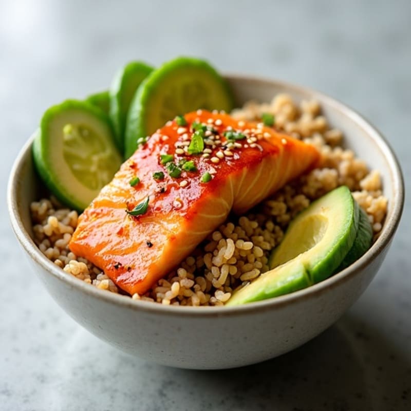 Spicy Sesame Salmon Rice Bowl with Fresh Avocado and Crunchy Cucumbers